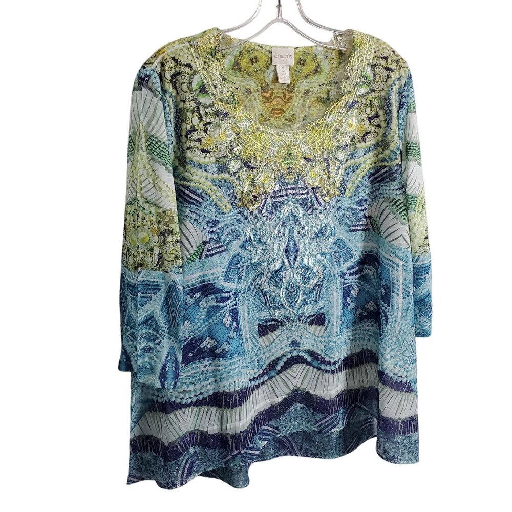 Chicos 2 Size 12 Blouse Top Lace Embellished Coastal Country Vibes Ombre Flowy